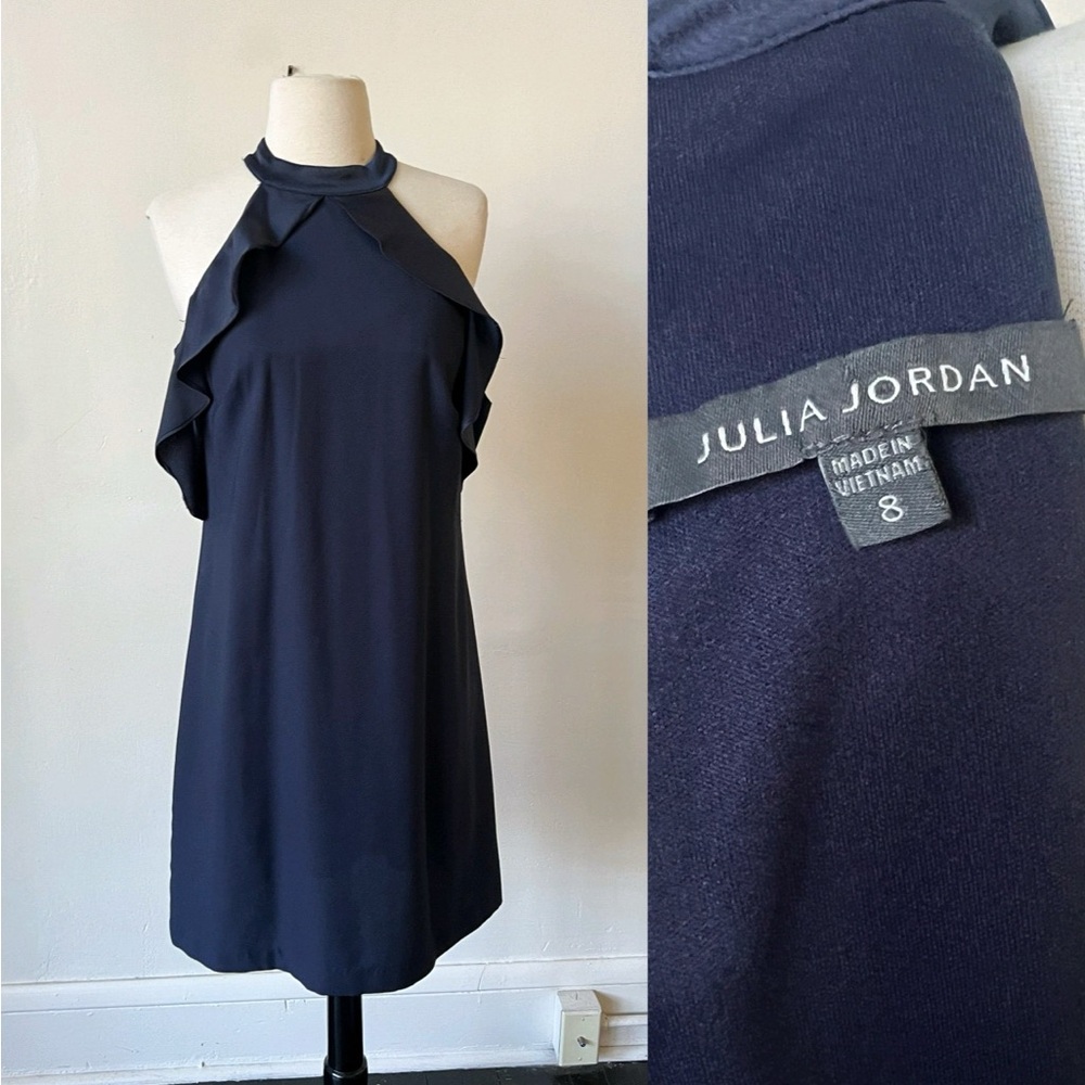 Julia Jordan Navy Blue Cut Out Shoulders Ruffle Knee Length Dress